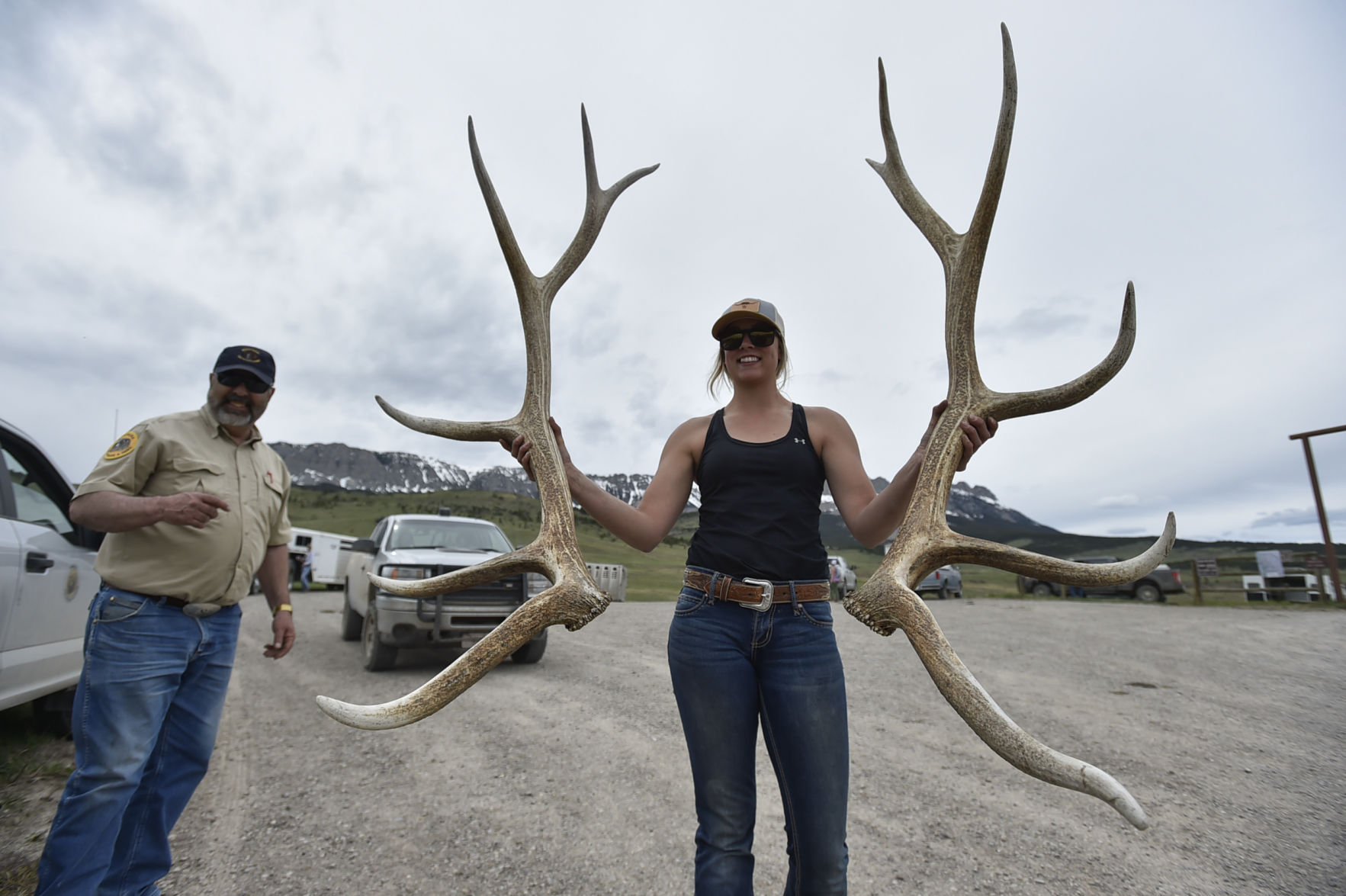 Savanah Swanson holds up a set of elk shed antlers